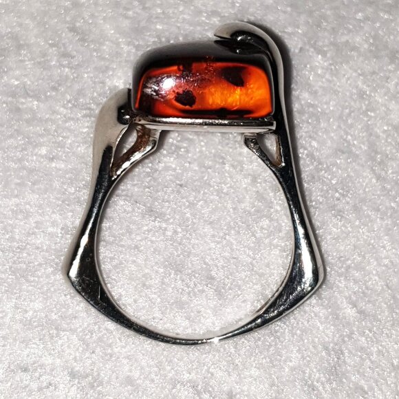 Fancy Vintage Cherry Red Baltic Amber Sterling Silver Modernist Statement Ring - Picture 6 of 16